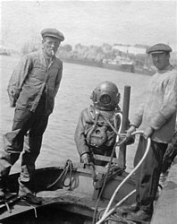 Rodney's grandfather in standard diving dress in 1918