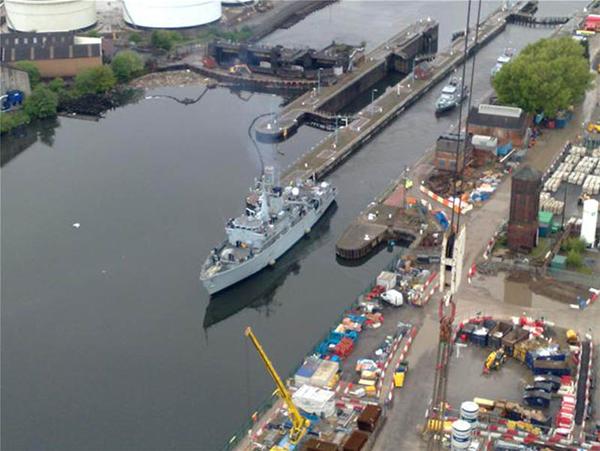 HMS Ledbury passes through Mode Wheel Locks in Salford, followed by HMS Charger and Biter, as the trio visit Salford Quays. Picture courtesy of Steve Howard.
