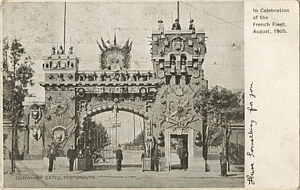 Gunwharf's Main Gate decorated "In celebration of the French Fleet August 1905"