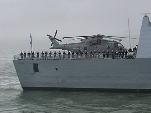 Merlin on board HMS DAring entering Portsmouth 28 Jan 08
